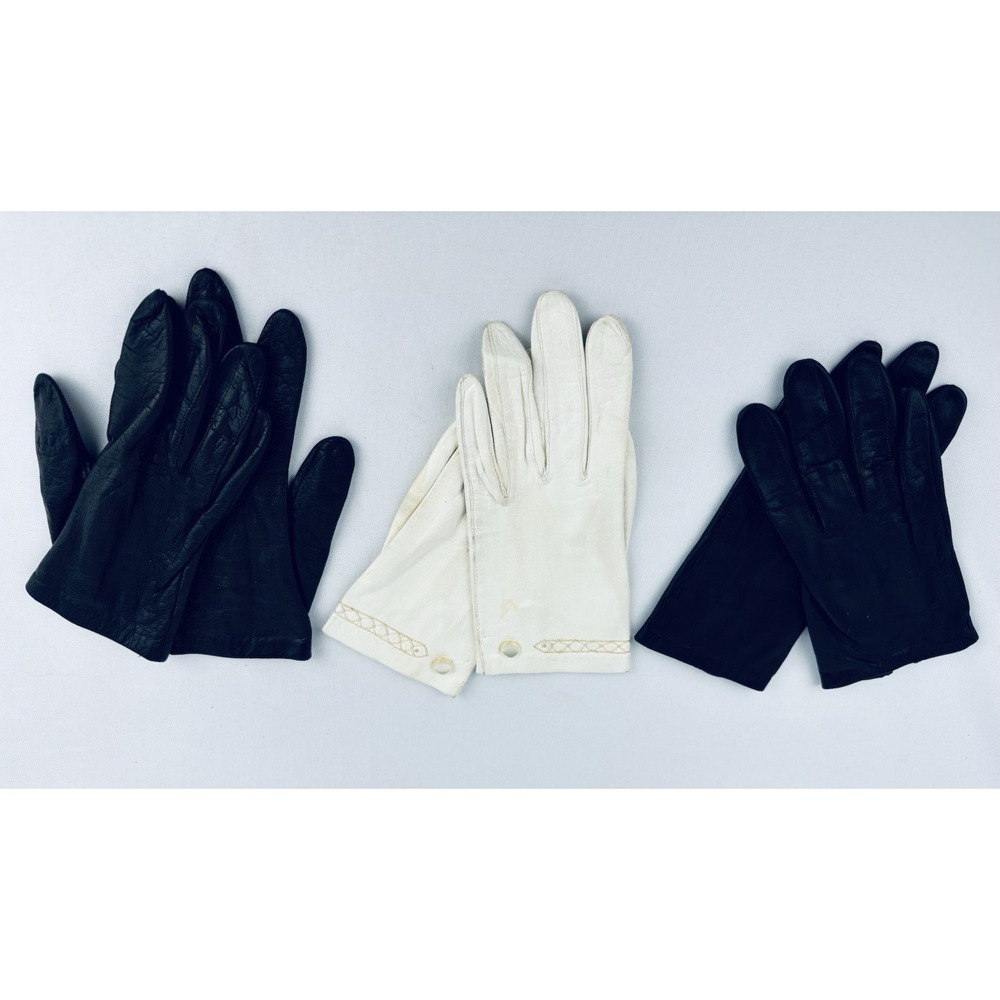 Vintage Lot Of 3 Womens Leather Gloves Silk Lined Sz 6.5 & 7 White Brown Black